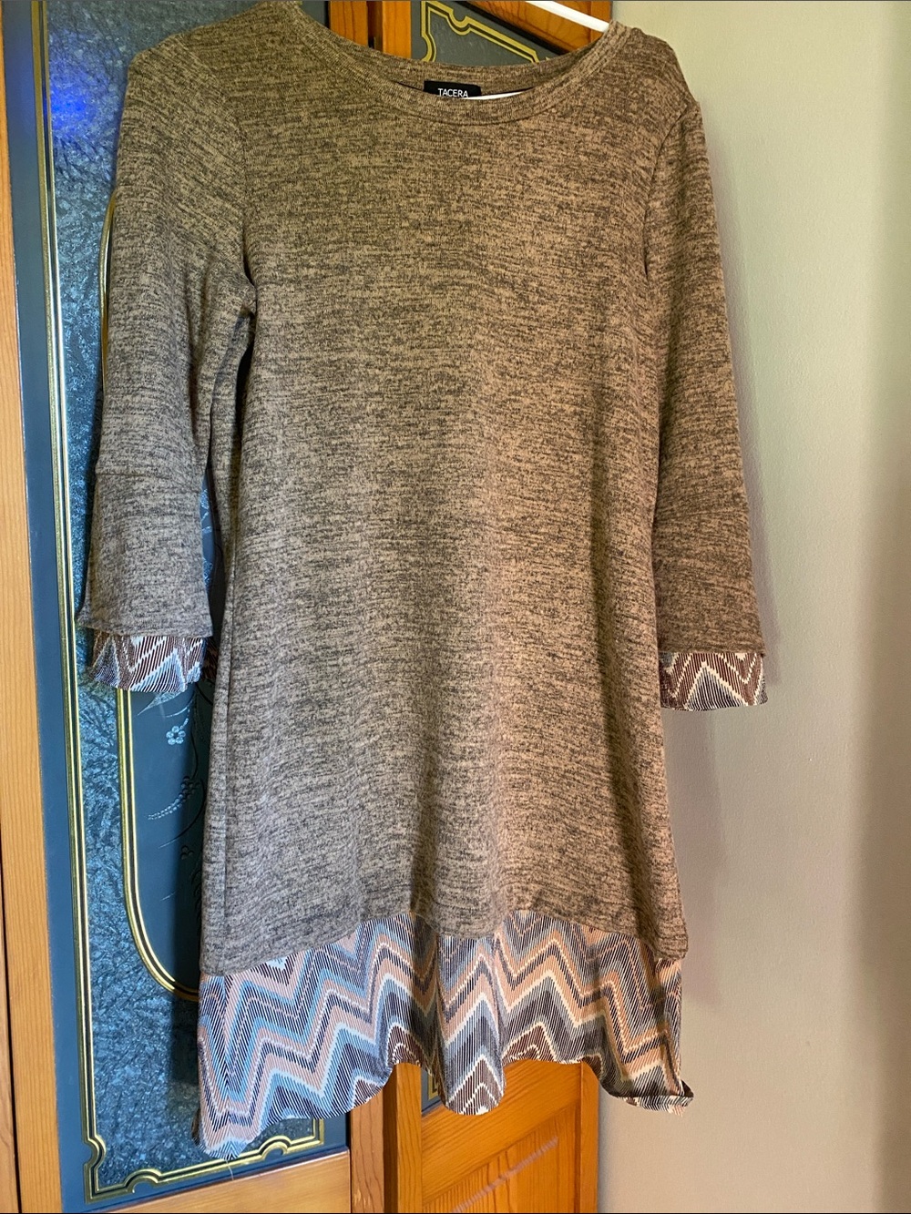 Tacera Taupe Heathered Tunic dress with chevron Trim